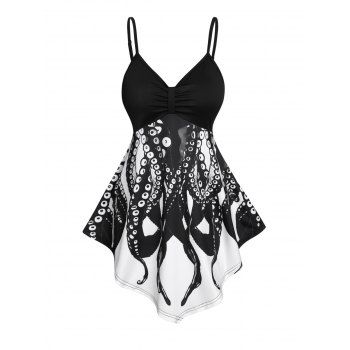 

V Neck Octopus Print Tank Top Asymmetric Strappy Ruched Bust Top, Black