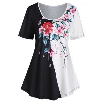 

Colorblock Flower Print Short Sleeve Tee, Black