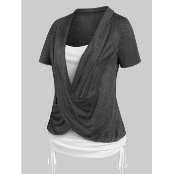 

Plus Size Faux Twinset T Shirt Colorblock Crossover Twofer T-shirt Short Sleeve Curve 2 In 1 Tee, Dark gray