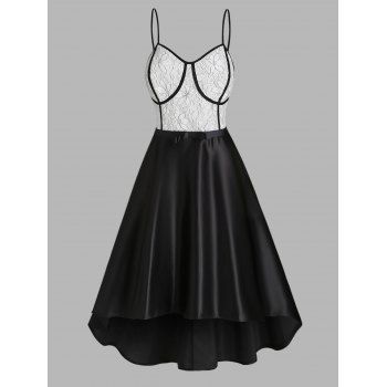 

High Low Party Dress Contrast Piping Flower Mesh Insert Prom Dress Spaghetti Straps A Line Dress, Black