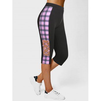 

Contrast Plaid Pattern Panel Capri Leggings Lattice High Waist Cropped Leggings, Black