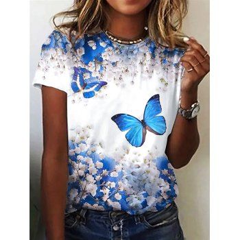 

Vacation T Shirt Butterfly Flower Print Cottagecore T-shirt Short Sleeve Allover Printed Tee, Blue