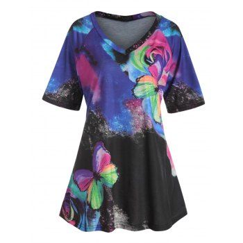

Casual T Shirt Leaf Butterfly Floral Print T Shirt V Neck Short Sleeve Summer Tee, Multicolor a