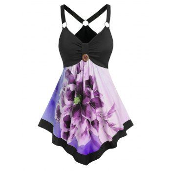 

Casual Tank Top Floral Tank Top Ombre Mock Button Ruched O Ring Cut Out Summer Top, Purple