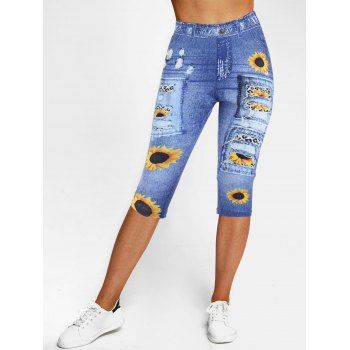 

Summer Capri Jeggings Sunflower Ripped Denim 3D Print Skinny Cropped Jeggings, Deep blue