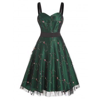 

Cocktail Party Dress Floral Mesh Overlay Mini Dress Sweetheart Neck A Line Dress, Deep green