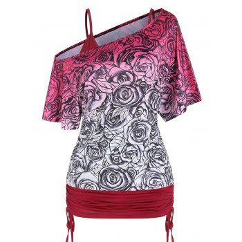 

Solid Color Cinched Cami Top and Allover Rose Print Skew Neck T Shirt Summer Casual Two Piece Set, Deep red