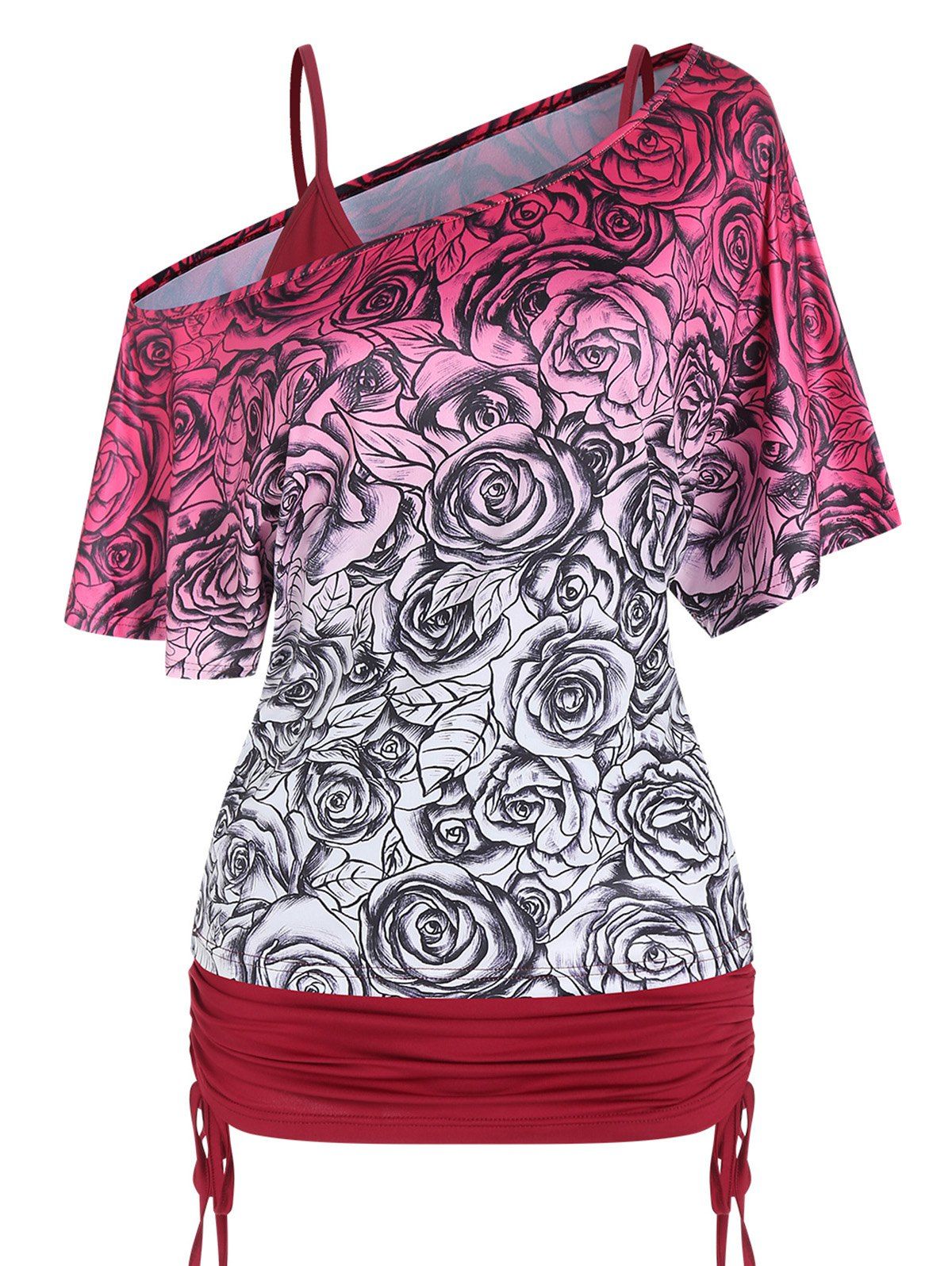 Solid Color Cinched Cami Top and Allover Rose Print Skew Neck T Shirt Summer Casual Two Piece Set - DEEP RED XL
