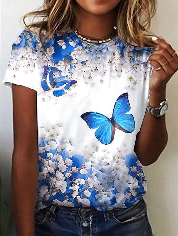 T-shirt de Vacances à Imprimé Fleur et Papillon à Manches Courtes - Bleu M