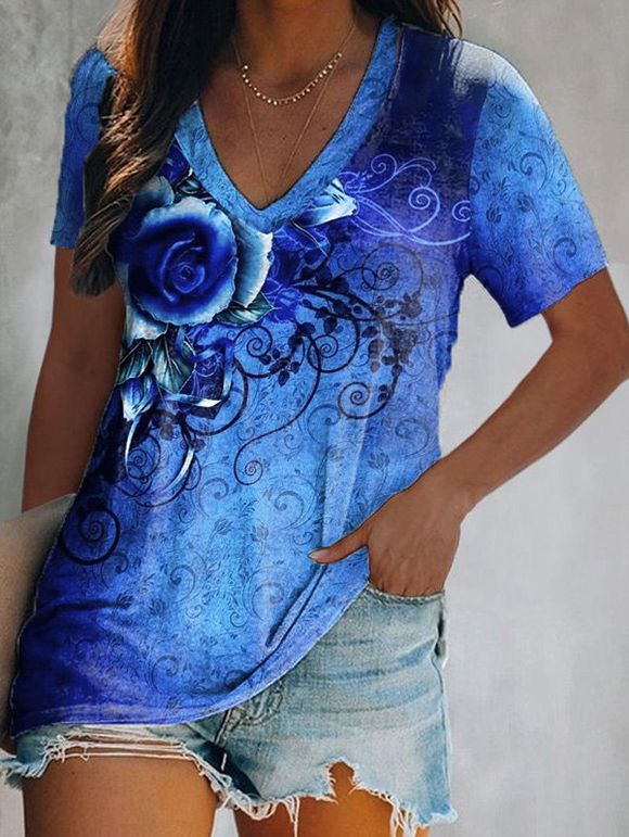 T-shirt D'Eté Décontracté à Imprimé Papillon Feuille et Fleur à Manches Courtes - multicolor B L