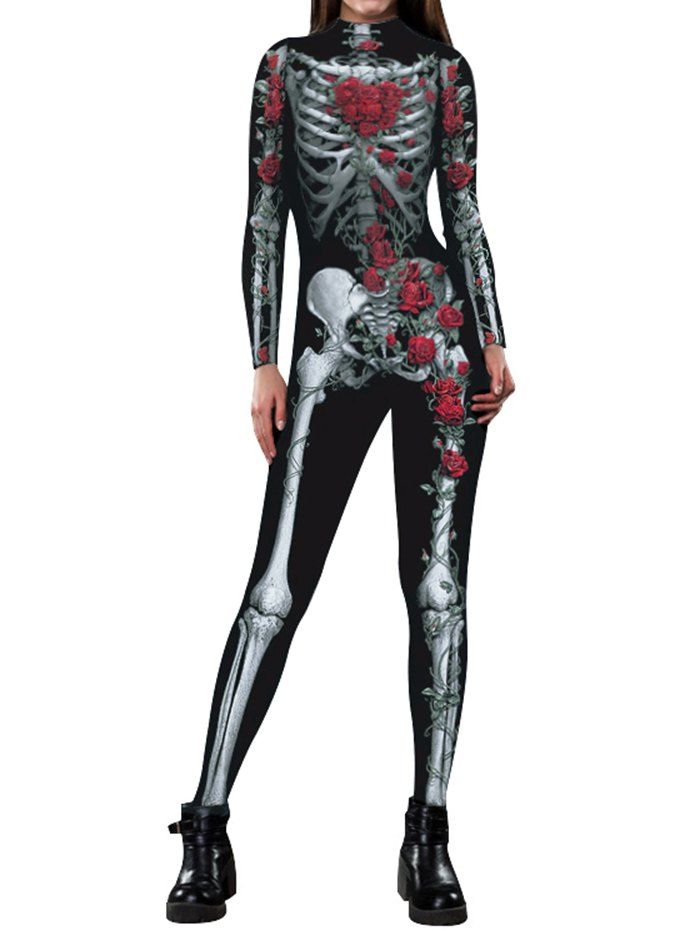 Combinaison à Manches Longues à Imprimé Squelette et Rose 3D Halloween - Noir M