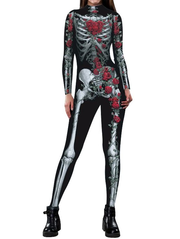 Combinaison à Manches Longues à Imprimé Squelette et Rose 3D Halloween - Noir XL