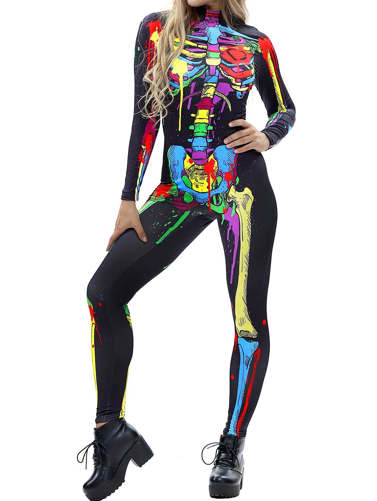 Halloween Jumpsuit Skeleton Colorful Painting 3D Print Gothic Jumpsuit Zipper Back Long Sleeve High Neck Jumpsuit - BLACK S