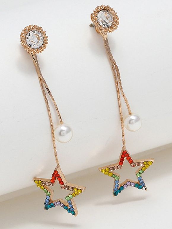 Hollow Out Rainbow Rhinestone Star Faux Pearl Hanging Earrings - multicolor 