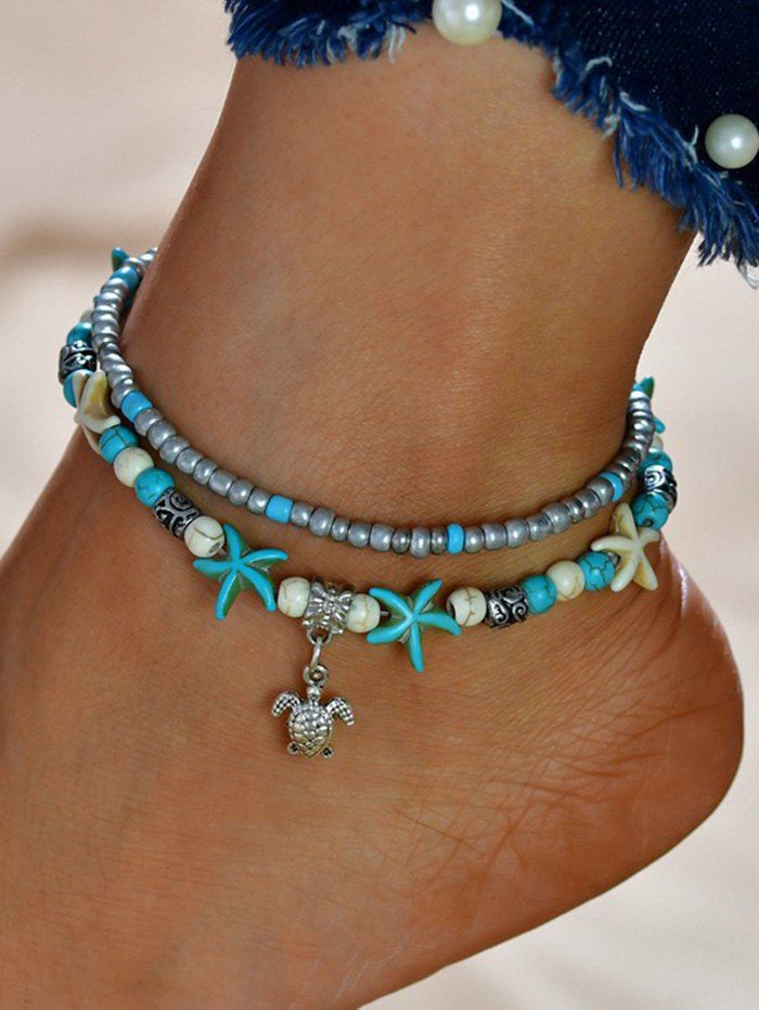 Beach Anklet Layered Anklet Starfish Beaded Turtle Summer Ankle Chain - SILVER 