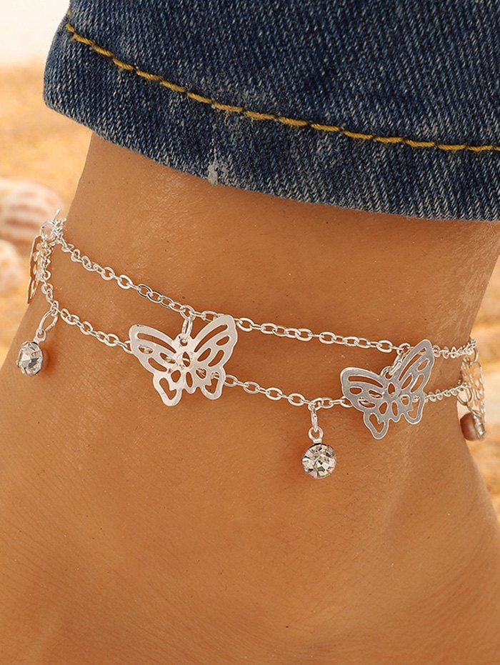 Beach Anklet Solid Color Hollow Out Butterfly Charms Rhinestone Layered Vacation Ankle Chain - SILVER 