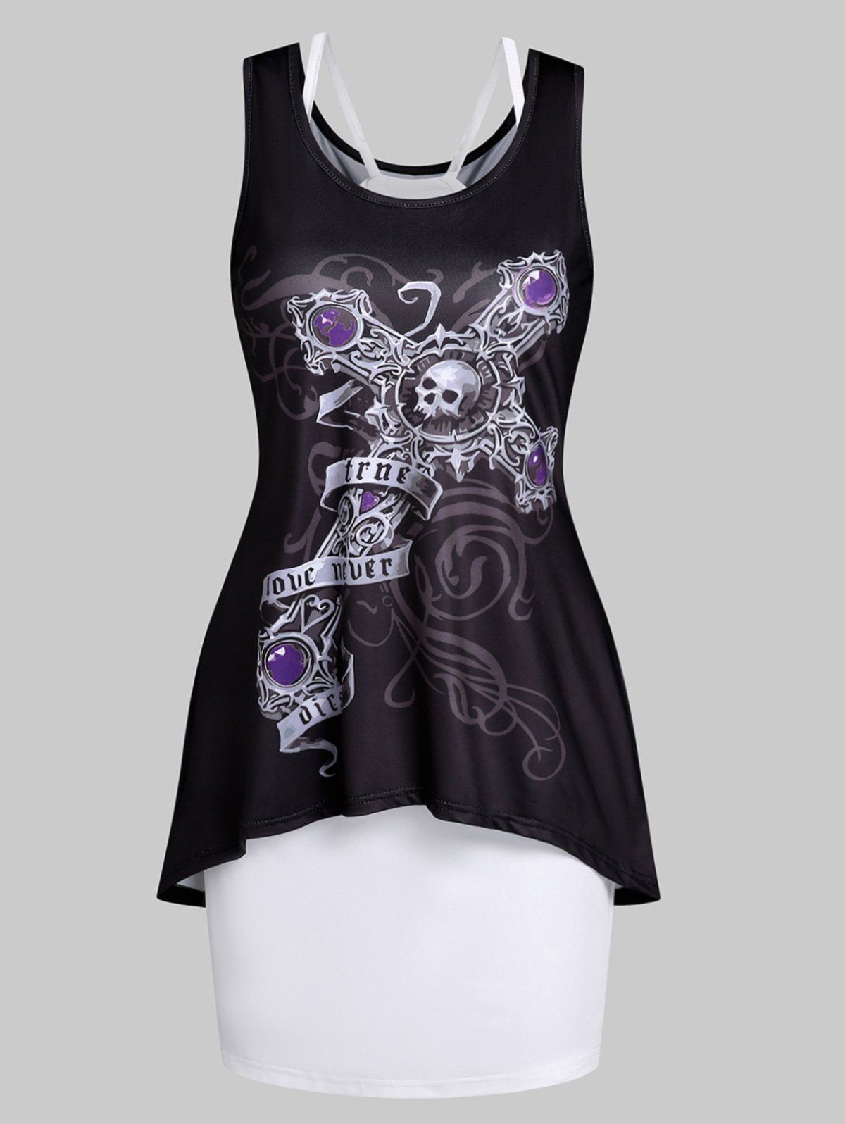 Skull Cross Print Tank Dress And Cami Dress Two Piece Set - BLACK XXL