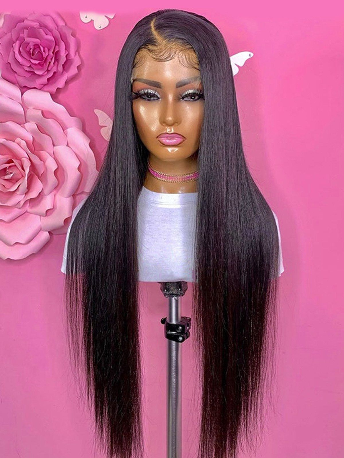 4*4 Lace Front 180% Straight Free Part Human Hair Wig - BLACK 16INCH