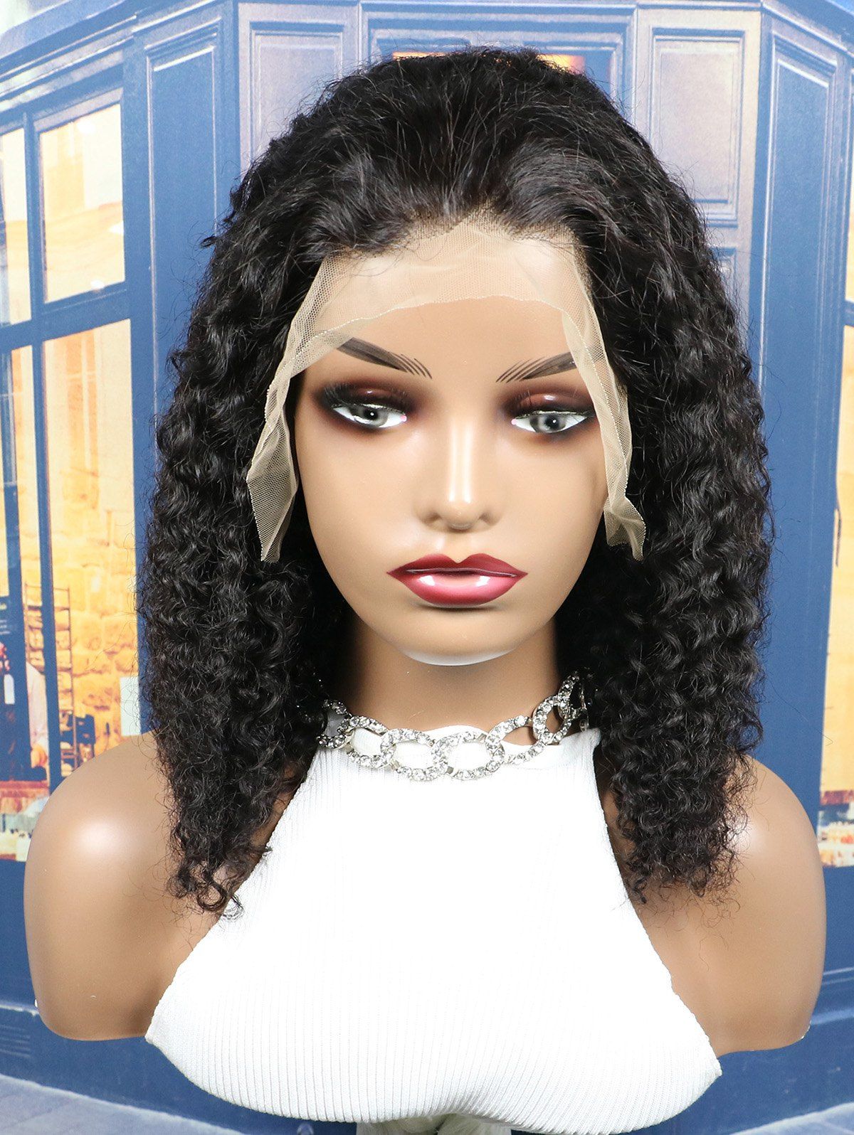 13*4 Lace Front 130% Curly Solid Color Human Hair Wig - BLACK 14INCH
