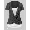 Plus Size Faux Twinset T Shirt Colorblock Crossover Twofer T-shirt Short Sleeve Curve 2 In 1 Tee - DARK GRAY 3X