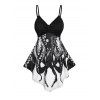 V Neck Octopus Print Tank Top Asymmetric Strappy Ruched Bust Top - BLACK M