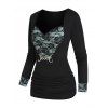 Vintage T Shirt Long Sleeve T Shirt Floral Lace Colorblock D Ring Chain Sweetheart Neck Casual Tee - BLACK XXXL