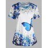 T-shirt de Vacances à Imprimé Fleur et Papillon à Manches Courtes - Bleu XL