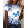 T-shirt de Vacances à Imprimé Fleur et Papillon à Manches Courtes - Bleu S