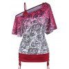 Solid Color Cinched Cami Top and Allover Rose Print Skew Neck T Shirt Summer Casual Two Piece Set - DEEP RED XL