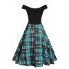 Vintage Dress Plaid Print Off The Shoulder Dress Crossover Belt A Line Dress - GREEN L