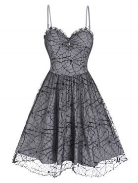 Vintage Sundress Spider Web Lace Overlay Mock Button Ruffle High Waisted A Line Midi Summer Dress