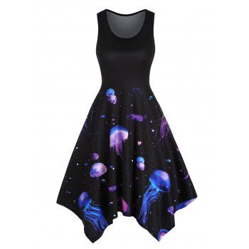 

Galaxy Jellyfish Printed Midi Dress Asymmetrical Hem A Line Dress Sleeveless Handkerchief Dress, Black