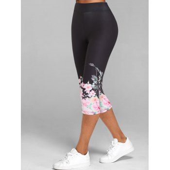 

Flower Leaf Print Skinny Capri Leggings, Light pink
