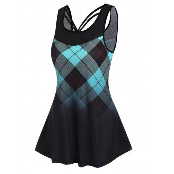 

Plaid Ombre Print Tank Top Front Straps Casual Summer Tank Top, Green