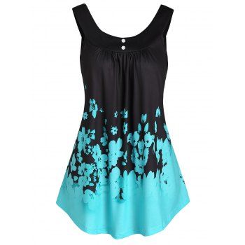 

Contrast Floral Print Tank Top Mock Button Scoop Neck Curved Hem Tank Top, Black