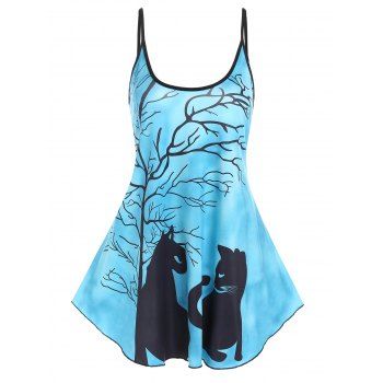 

Gothic Tank Top Black Cat Tree Branches Tie Dye Print Tank Top Backless Long Tank Top, Light blue