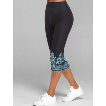 

Ethnic Tribal Pattern Print Skinny Capri Leggings, Green