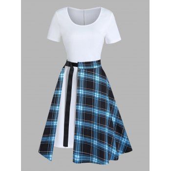 

Solid Color Short Sleeve Longline T Shirt and Vintage Plaid Print Slit A Line Midi Skirt Two Piece Summer Casual Outfit, White