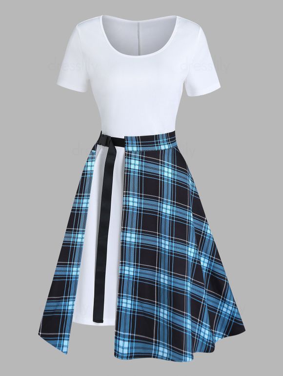Solid Color Short Sleeve Longline T Shirt and Vintage Plaid Print Slit A Line Midi Skirt Two Piece Summer Casual Outfit - WHITE XXXL