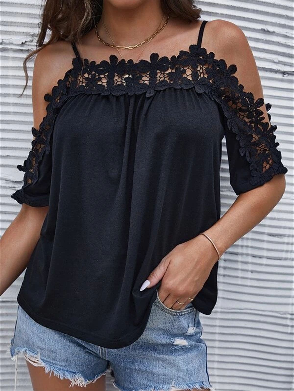 Guipure T Shirt Solid Color Cold Shoulder Hollow Out Lace Summer Casual Tee - BLACK XXL