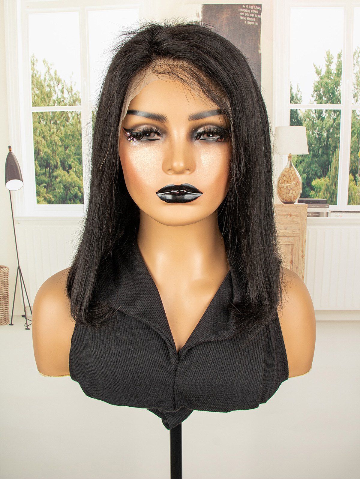 13*4 Lace Front 180% Human Hair Straight Bob Wig - BLACK 16INCH