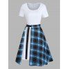 Solid Color Short Sleeve Longline T Shirt and Vintage Plaid Print Slit A Line Midi Skirt Two Piece Summer Casual Outfit