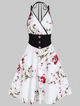 Halter Dress Vacation Dress Flower Print Surplice High Waisted Mock Button A Line Mini Casual Dress