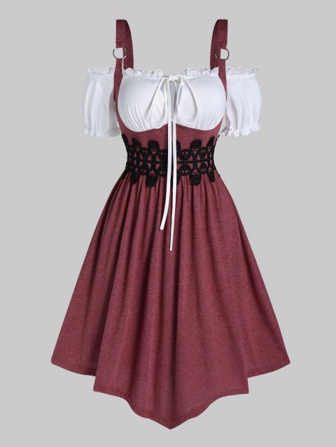Cold Shoulder Colorblock Faux Twinset Dress Flower Crochet Lace Asymmetric Dress Ruffled Front Tie Combo Dress