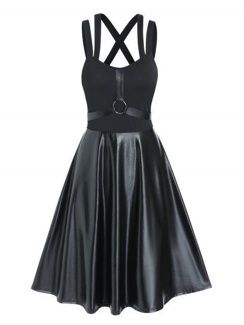 Gothic Dress Faux Leather A Line Dress Cross Back Dual Straps Combo Dress