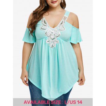 

Plus Size Cold Shoulder Sequin Embellished V Neck T Shirt, Mint green