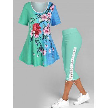 

Flower Print Colorblock Short Sleeve Tee And Lace Up Capri Leggings Summer Outfit, Green