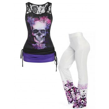 

Skull Floral Print Cinched Lace Insert Tank Top And Butterfly Print Straight Wide Leg Pants Summer Outfit, Multicolor