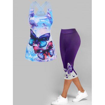 

Butterfly Print Strappy Tank Top And Colorblock Ombre Floral Print Cropped Leggings Summer Outfit, Multicolor