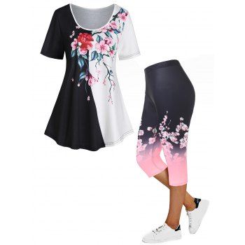 

Flower Print Colorblock Short Sleeve Tee And Peach Blossom Print Cropped Leggings Summer Outfit, Multicolor